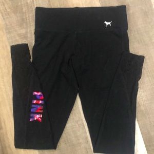 PINK leggings with lace mesh ankles XS floral logo